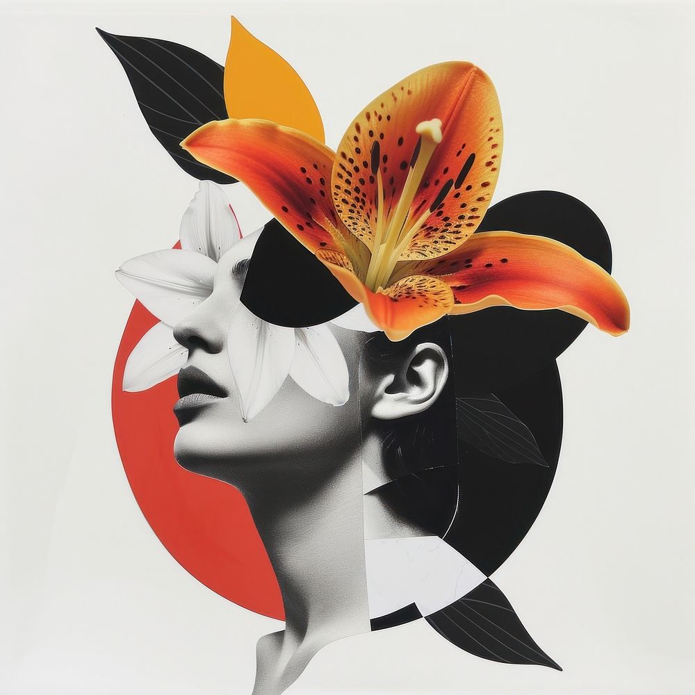 Cut paper collage with female flower plant petal.