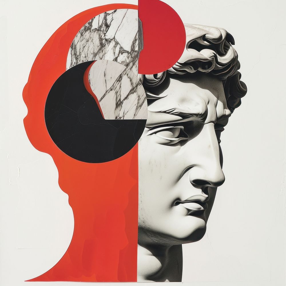 Cut paper collage with statue art red representation.