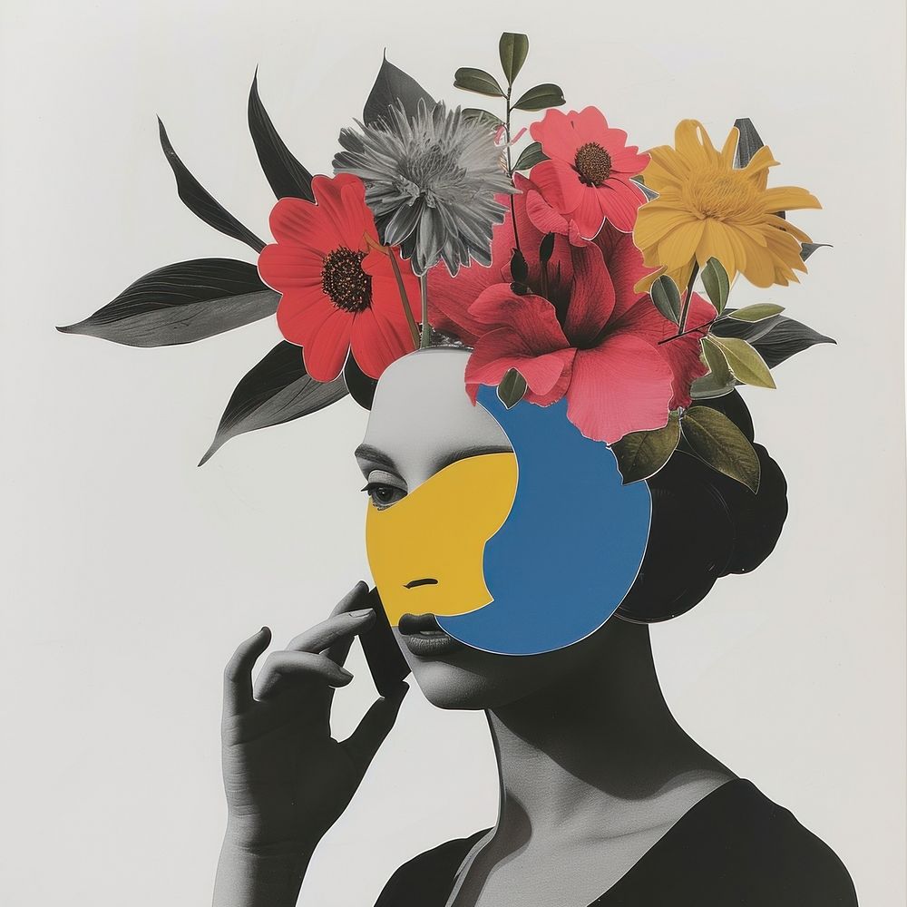 Cut paper collage with statue flower art painting.