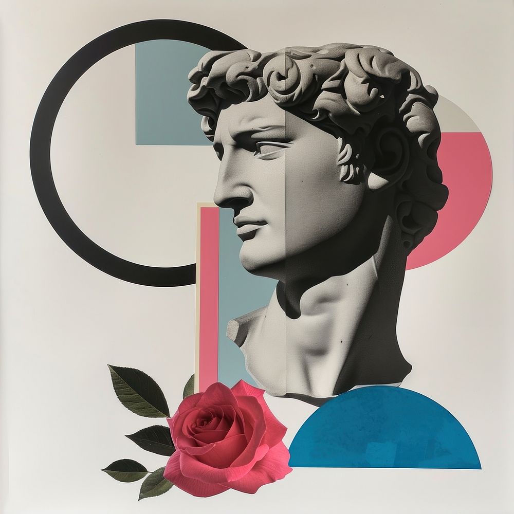 Cut paper collage with statue rose art sculpture.