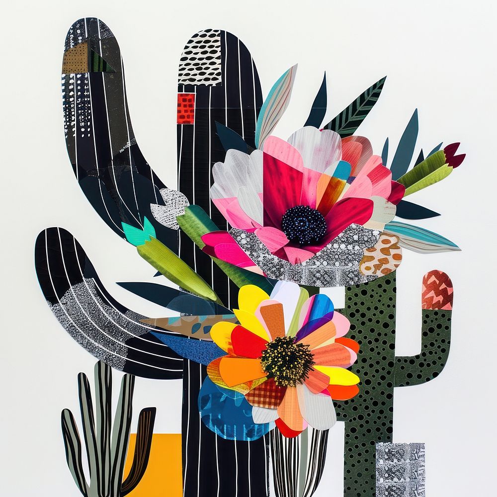 Cut paper collage with cactus flower art pattern.