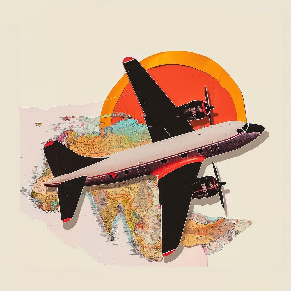 Cut paper collage with airplane aircraft airliner vehicle.