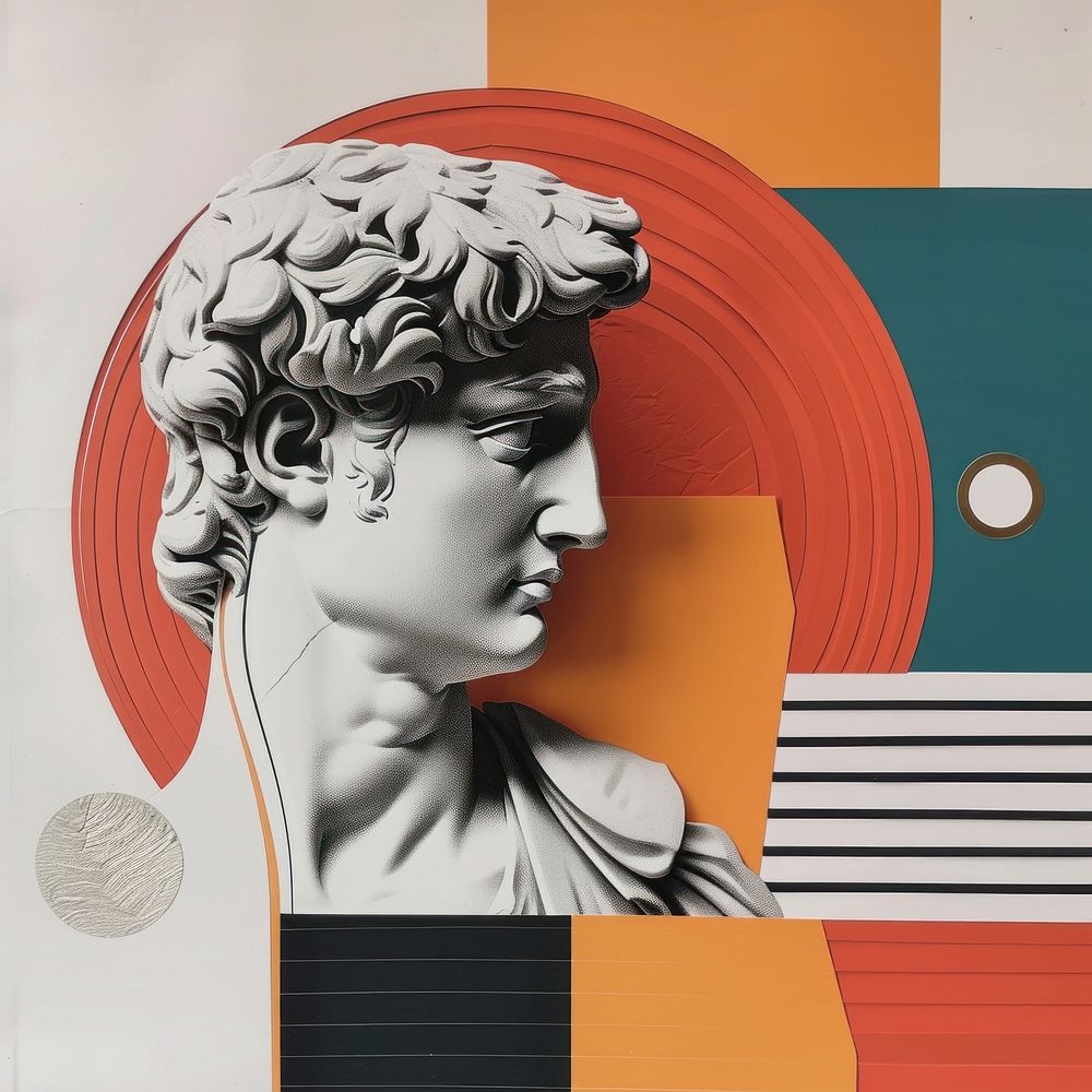 Cut paper collage with statue art painting representation.