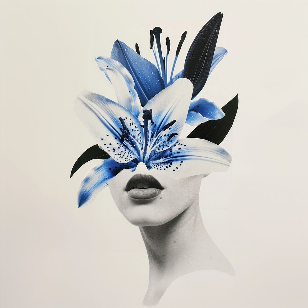 Cut paper collage with female flower plant blue.