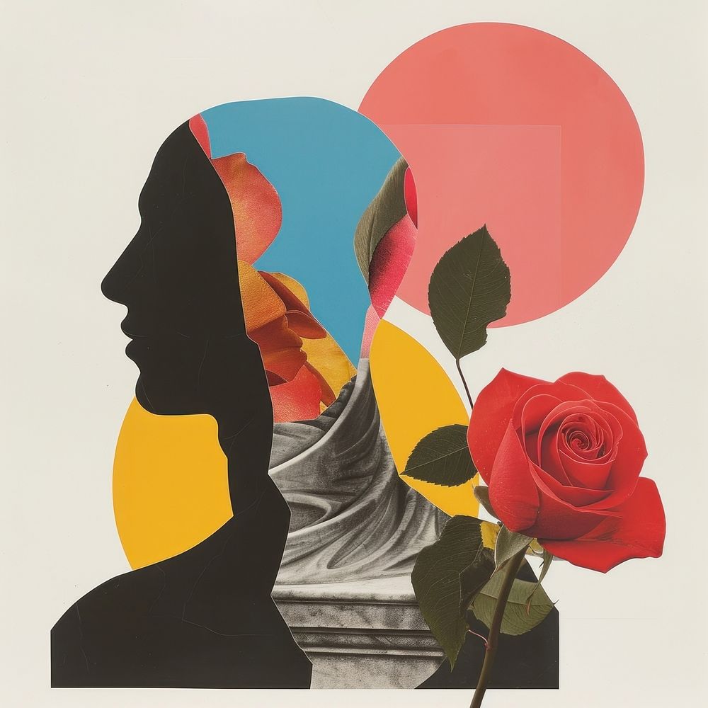 Cut paper collage with statue rose art painting.