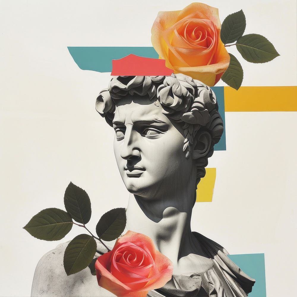Cut paper collage with statue rose art flower.