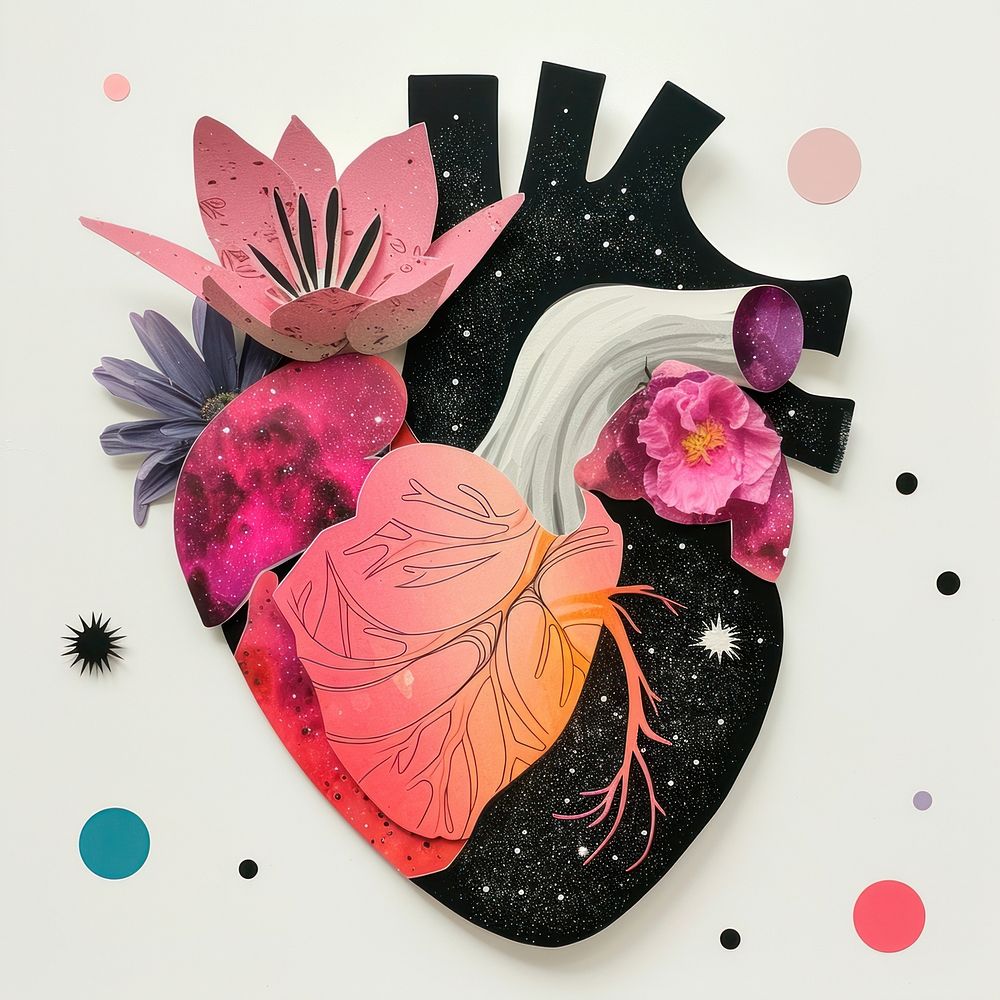 Cut paper collage with heart flower pink representation.