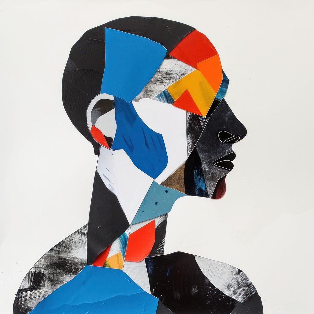Cut paper collage with man art painting blue.