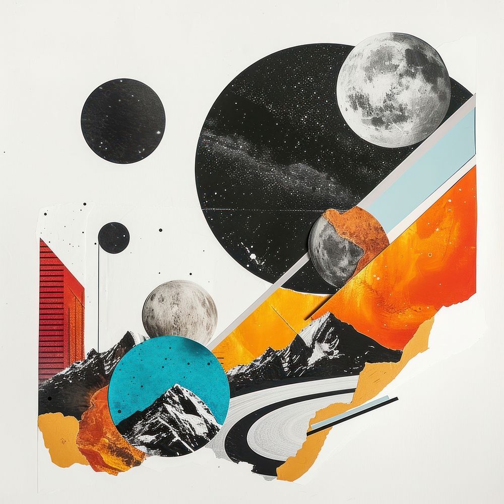 Cut paper collage with planet art painting space.