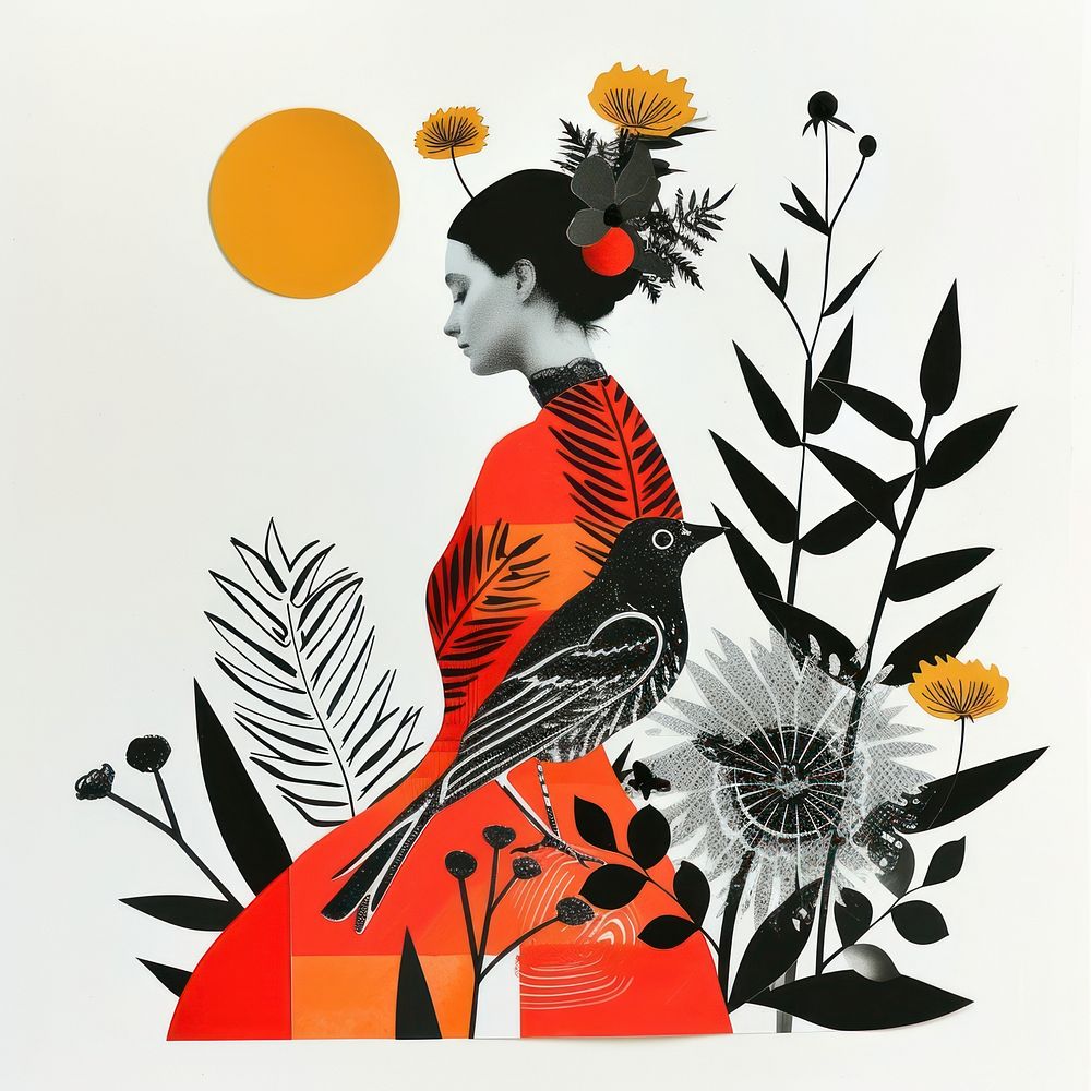 Cut paper collage with a woman art pattern plant.