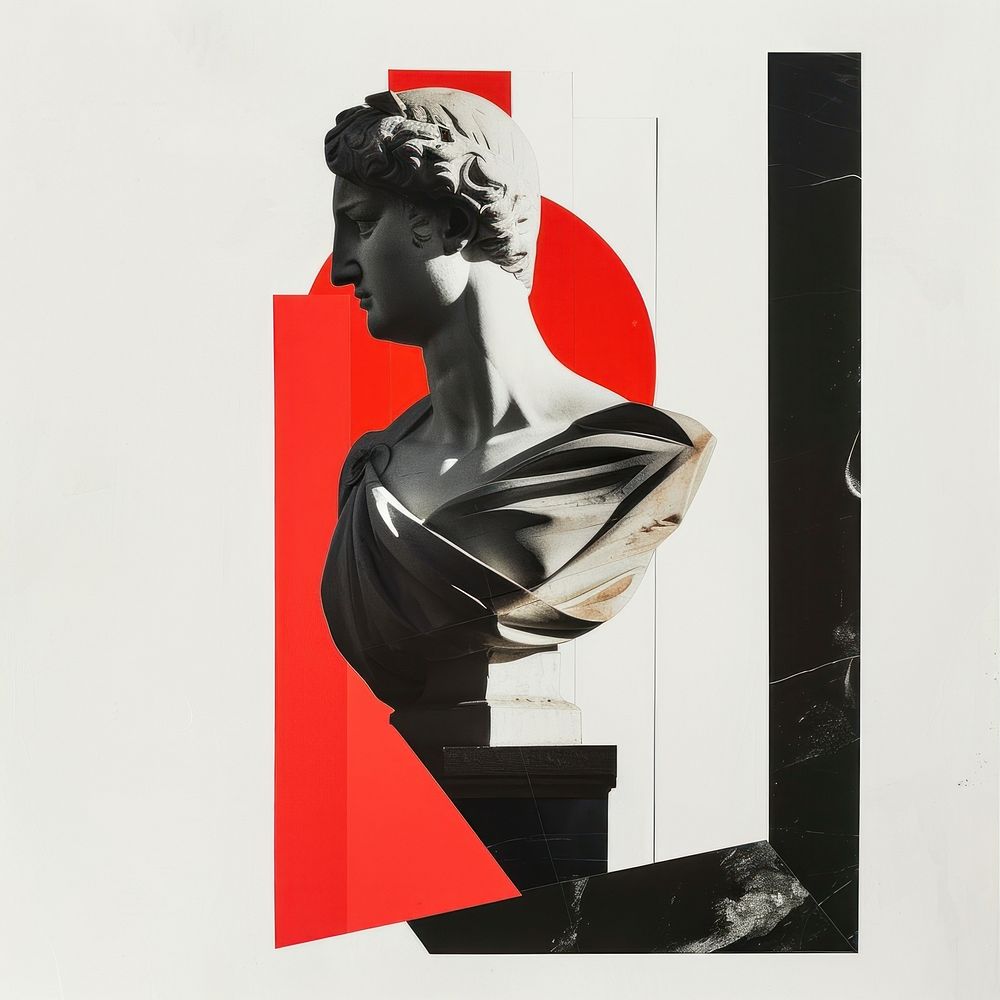 Cut paper collage with statue art poster red.