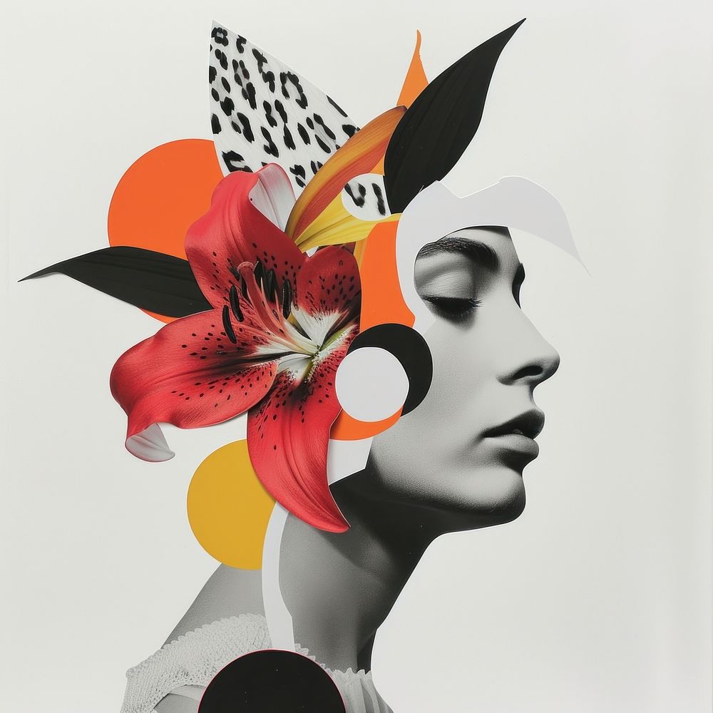 Cut paper collage with female flower art adult.