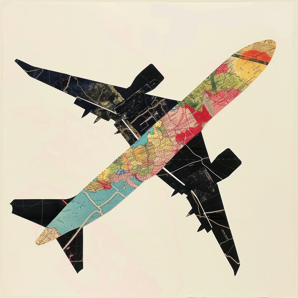 Cut paper collage with airplane art aircraft airliner.