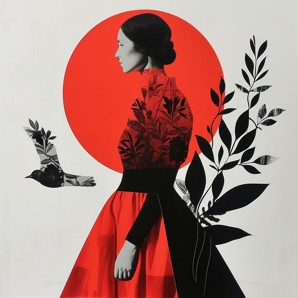 Cut paper collage with a woman dress art painting.
