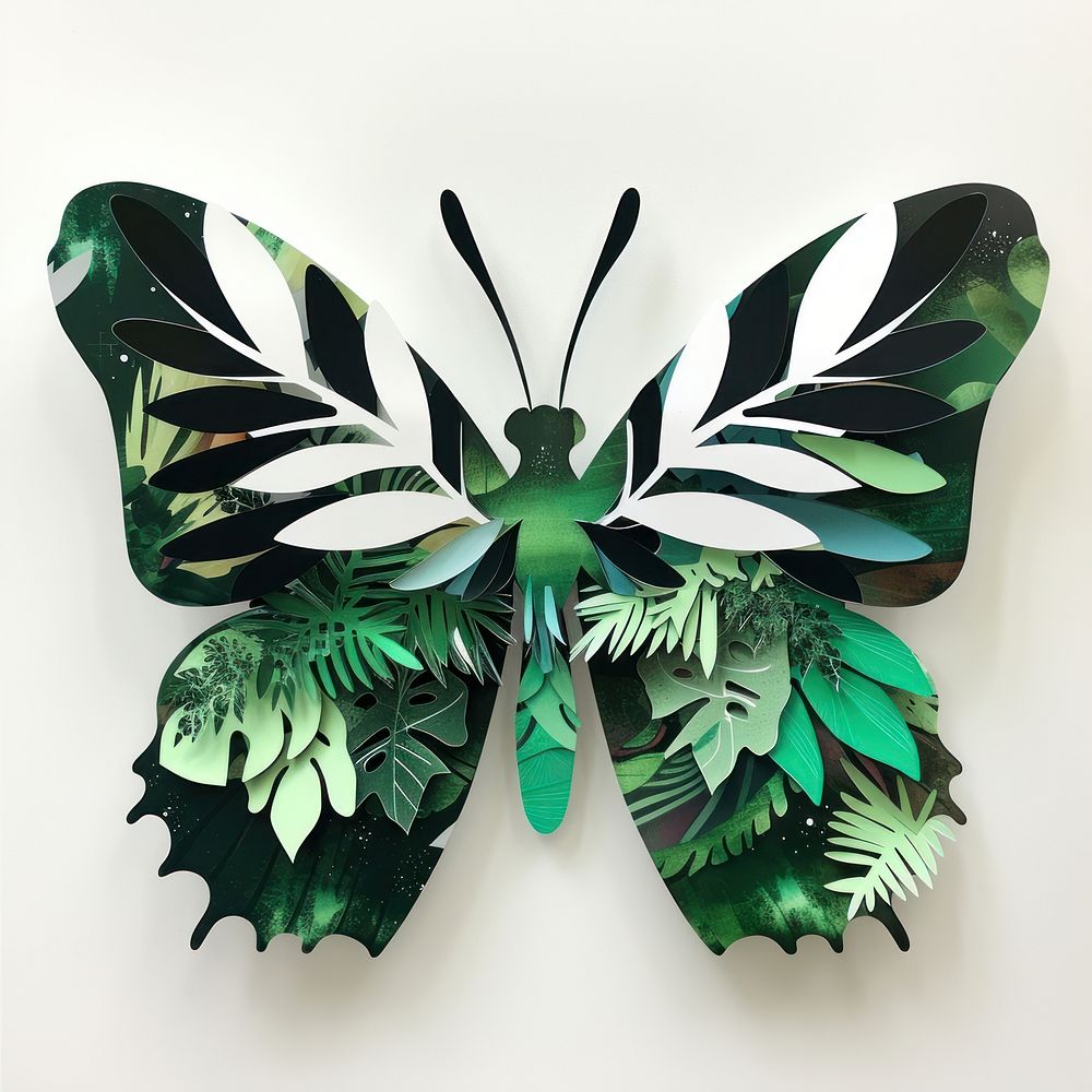 Cut paper collage with butterfly art plant green.