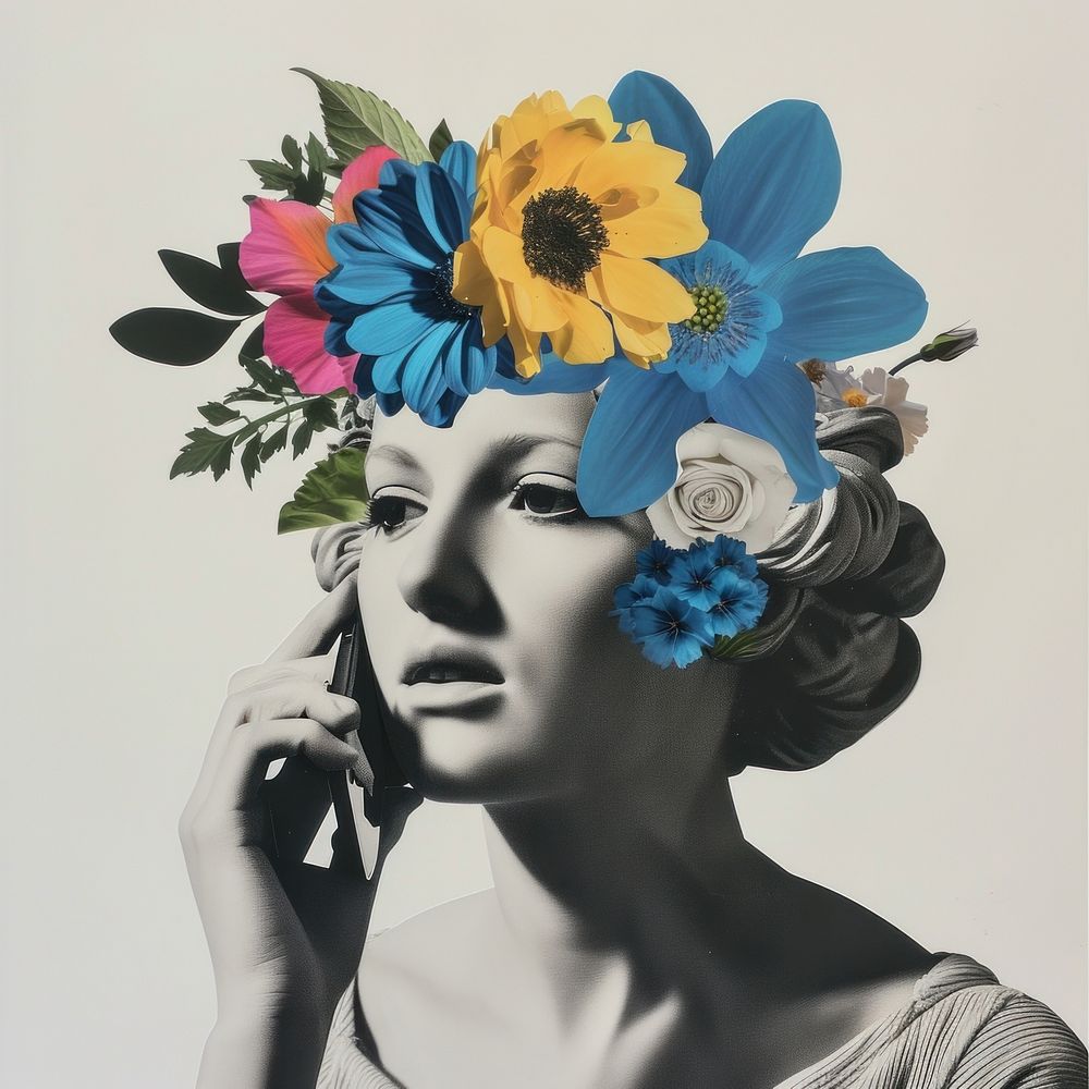 Cut paper collage with statue art sunflower painting.