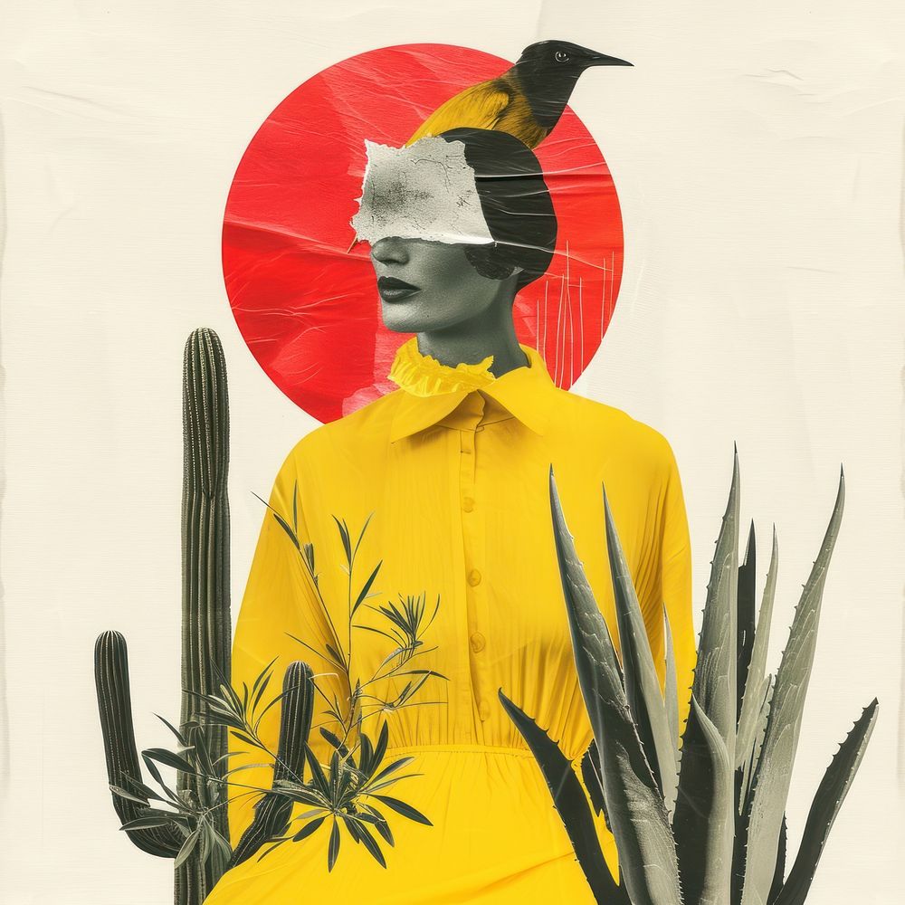 Paper collage with a woman yellow bird head.