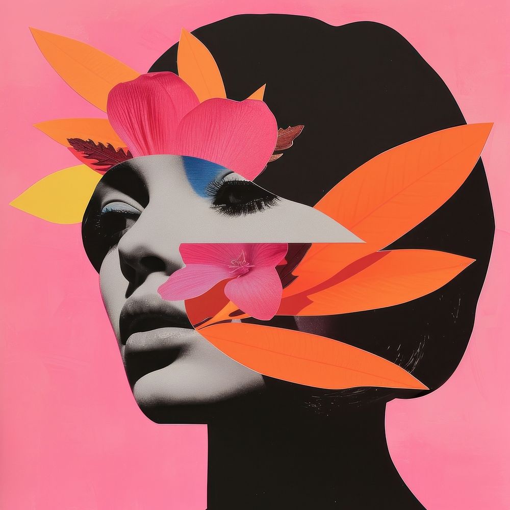 Cut paper collage with women art portrait flower.