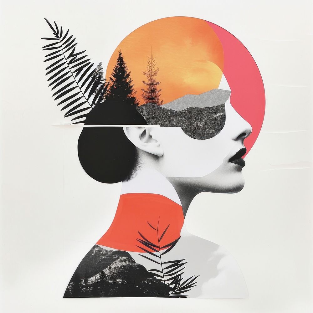 Cut paper collage with women art painting nature.