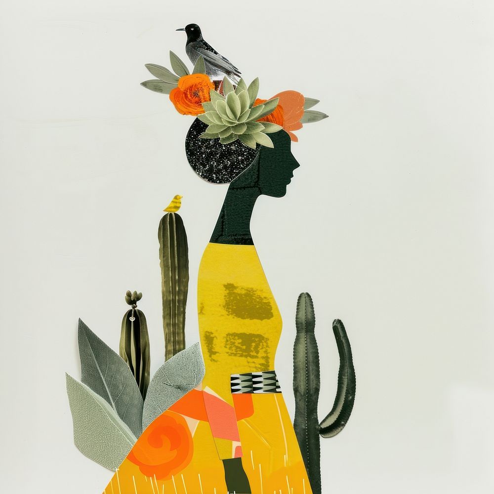 Paper collage with a woman art cactus flower.