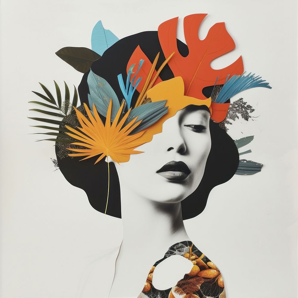 Cut paper collage with women art painting poster.