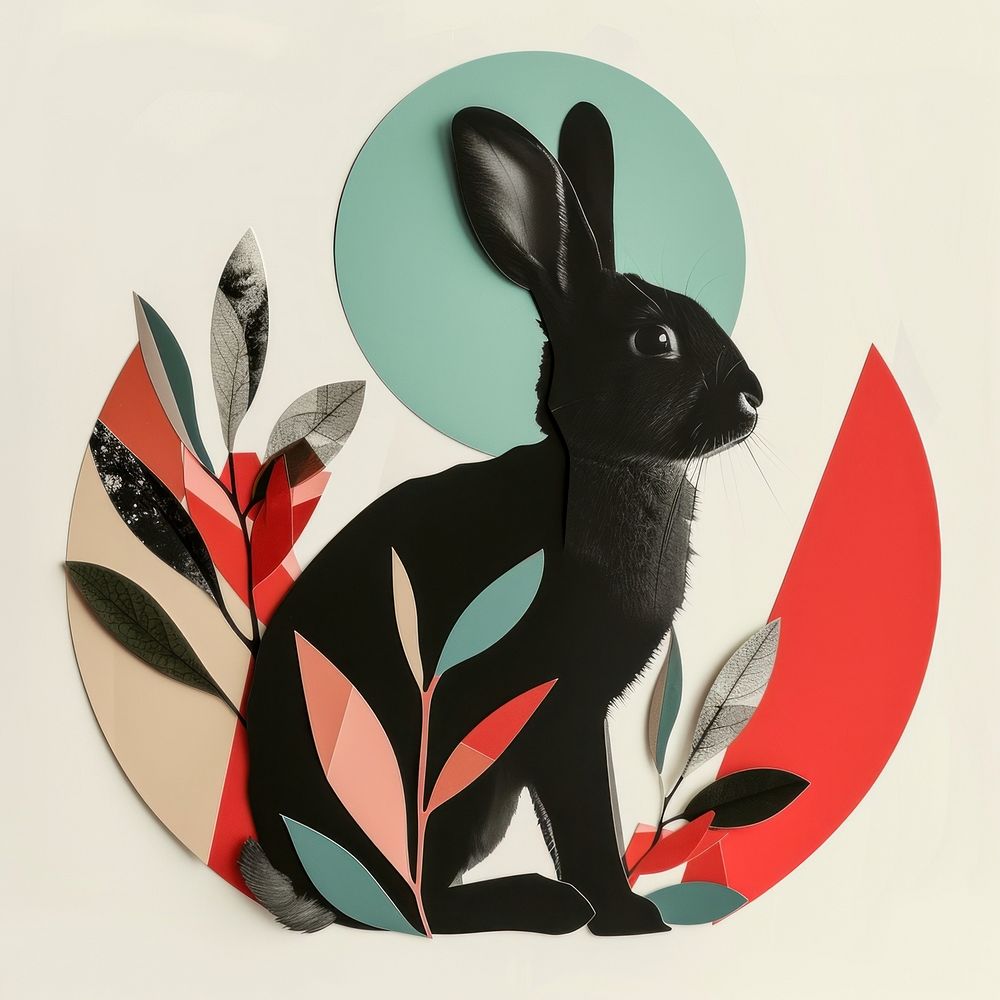 Cut paper collage with bunny animal mammal rodent.