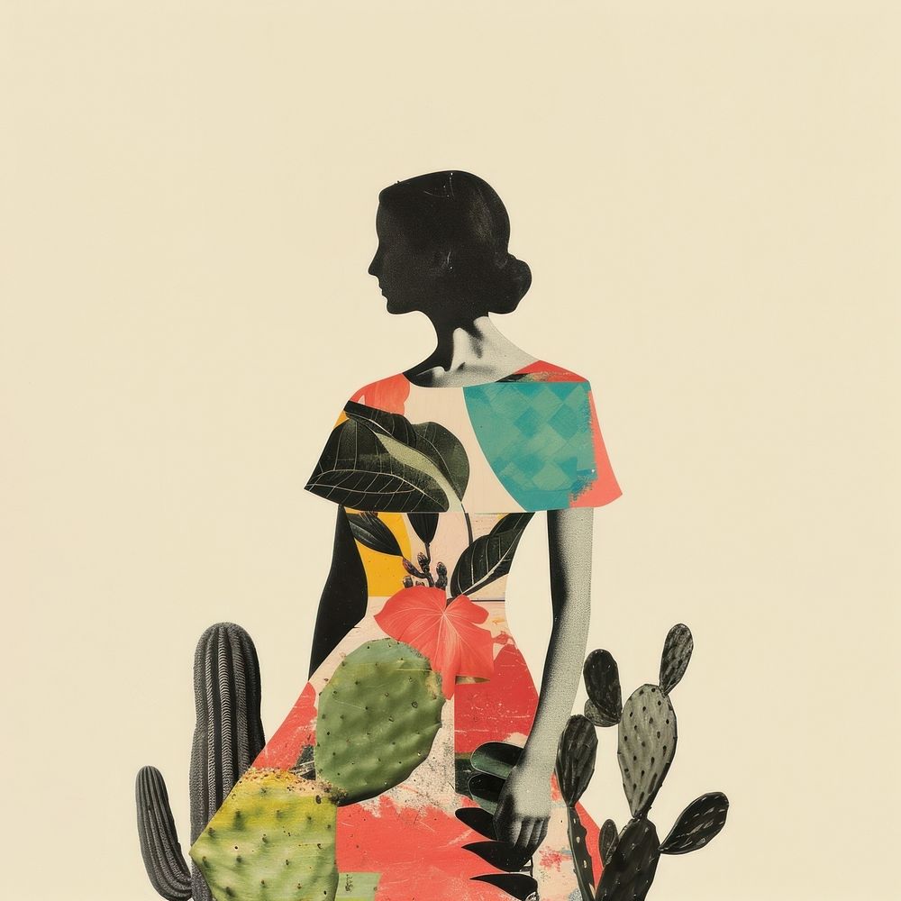 Paper collage with a woman art cactus representation.