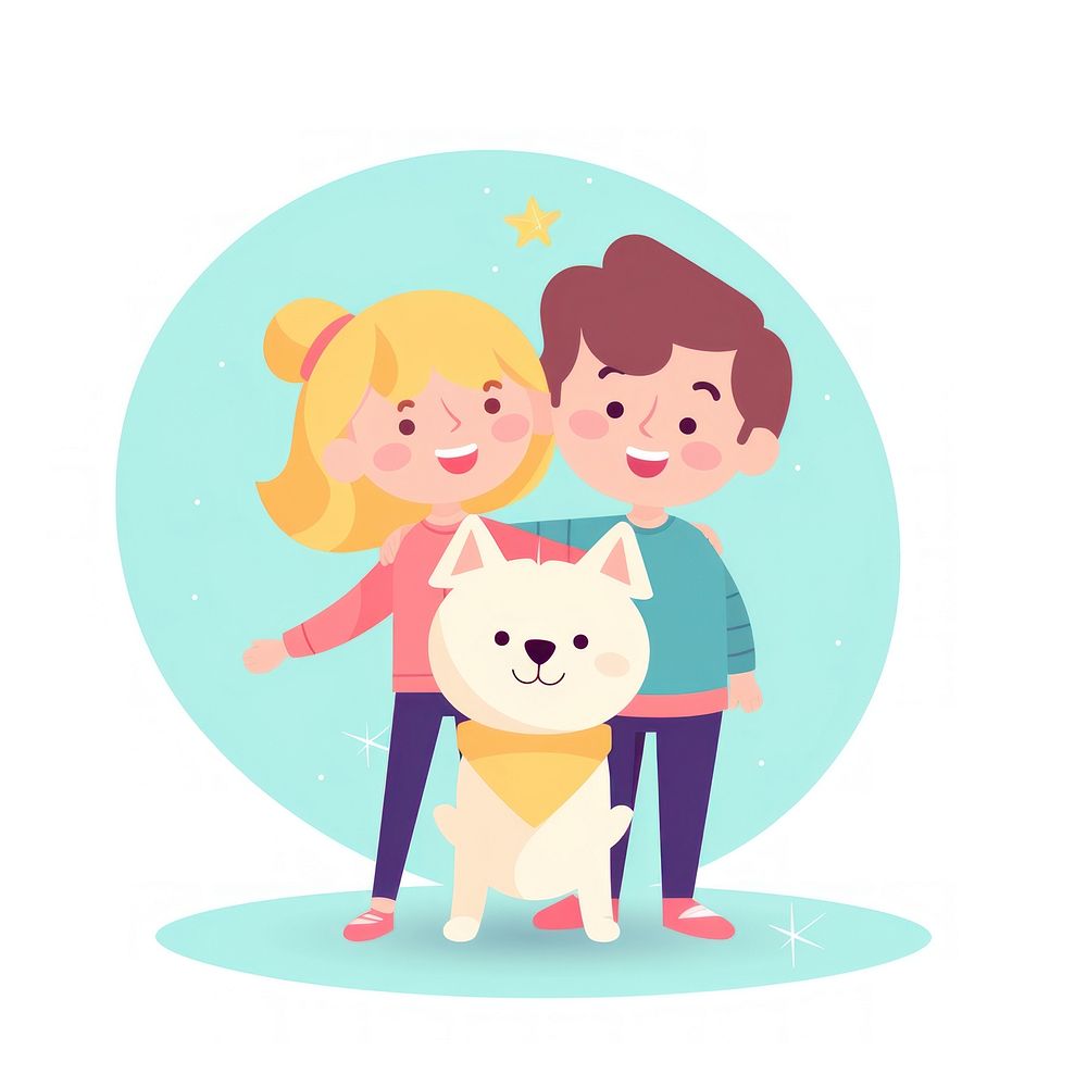  Boy and girls hugging cartoon cute dog. AI generated Image by rawpixel.