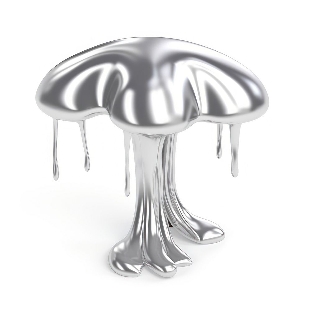 Mushroom melting dripping silver metal white background.