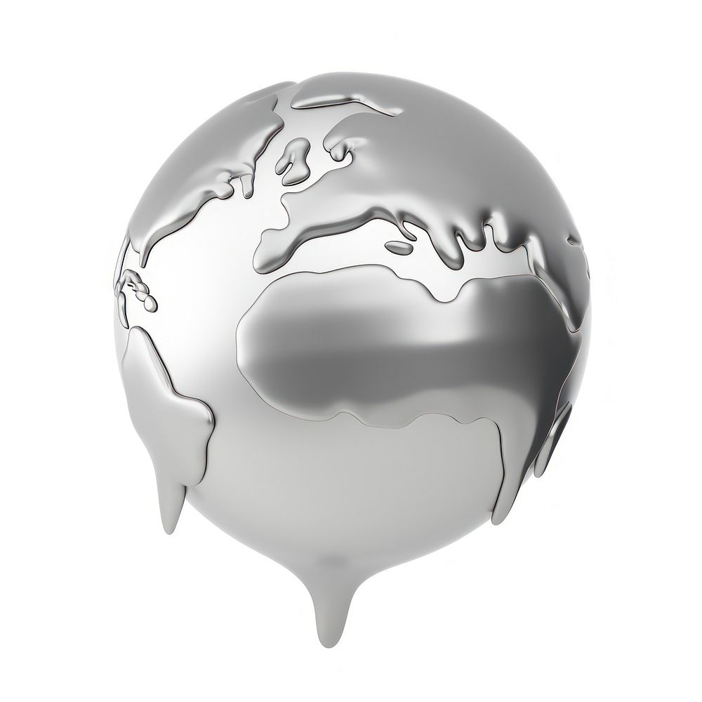 Globe melting dripping sphere silver white background.