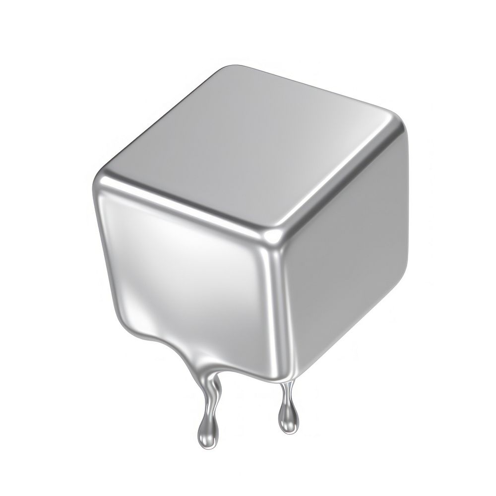 Cube melting dripping silver metal white background.