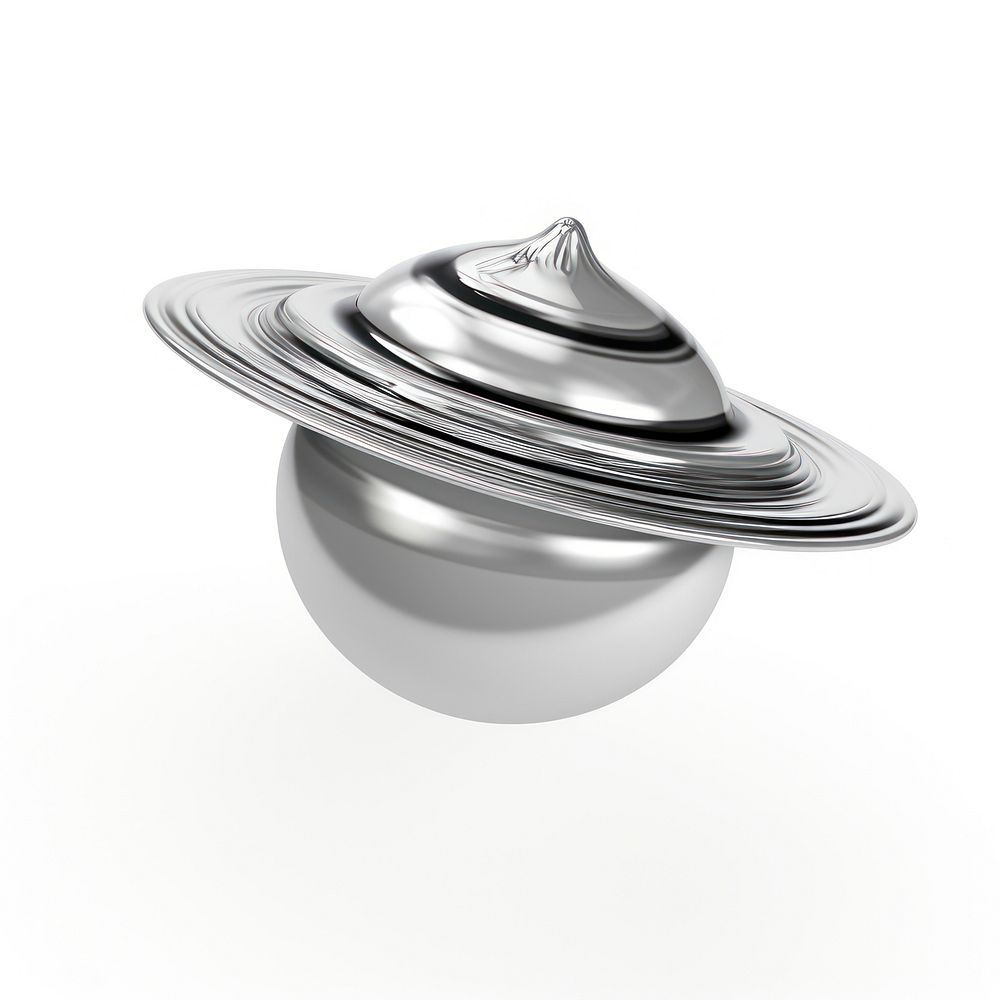 Saturn planet melting dripping silver white background outdoors.