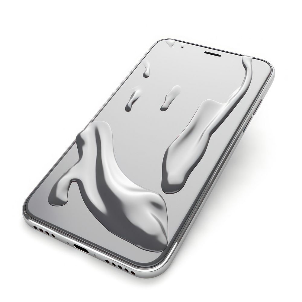 Phone melting dripping silver metal white background.