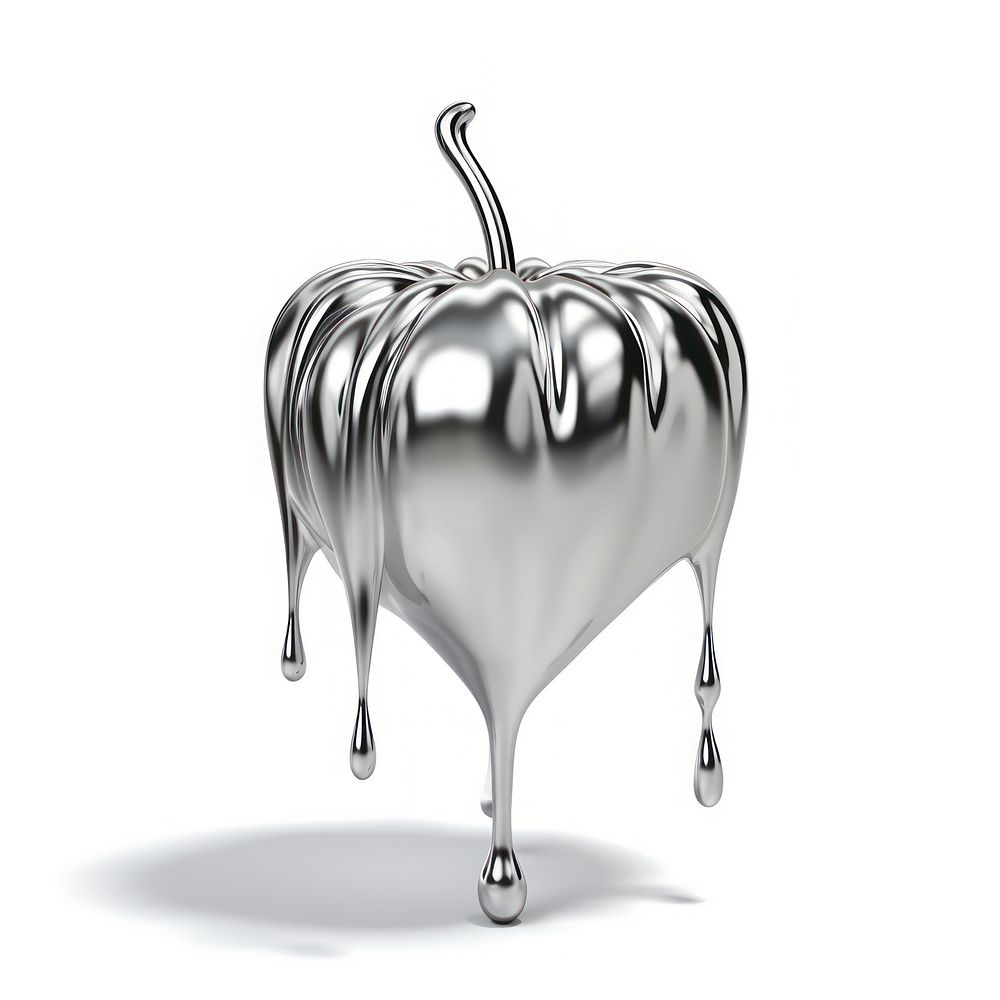 Dripping apple silver metal white background.