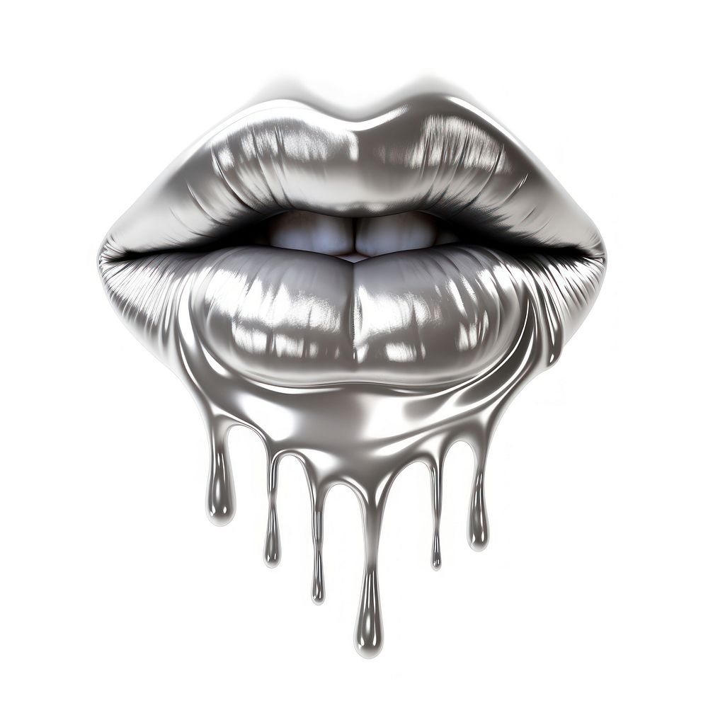 Dripping lips silver white background chrome.