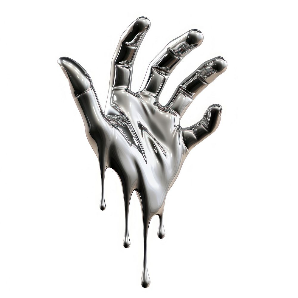 Dripping hand silver metal white background.