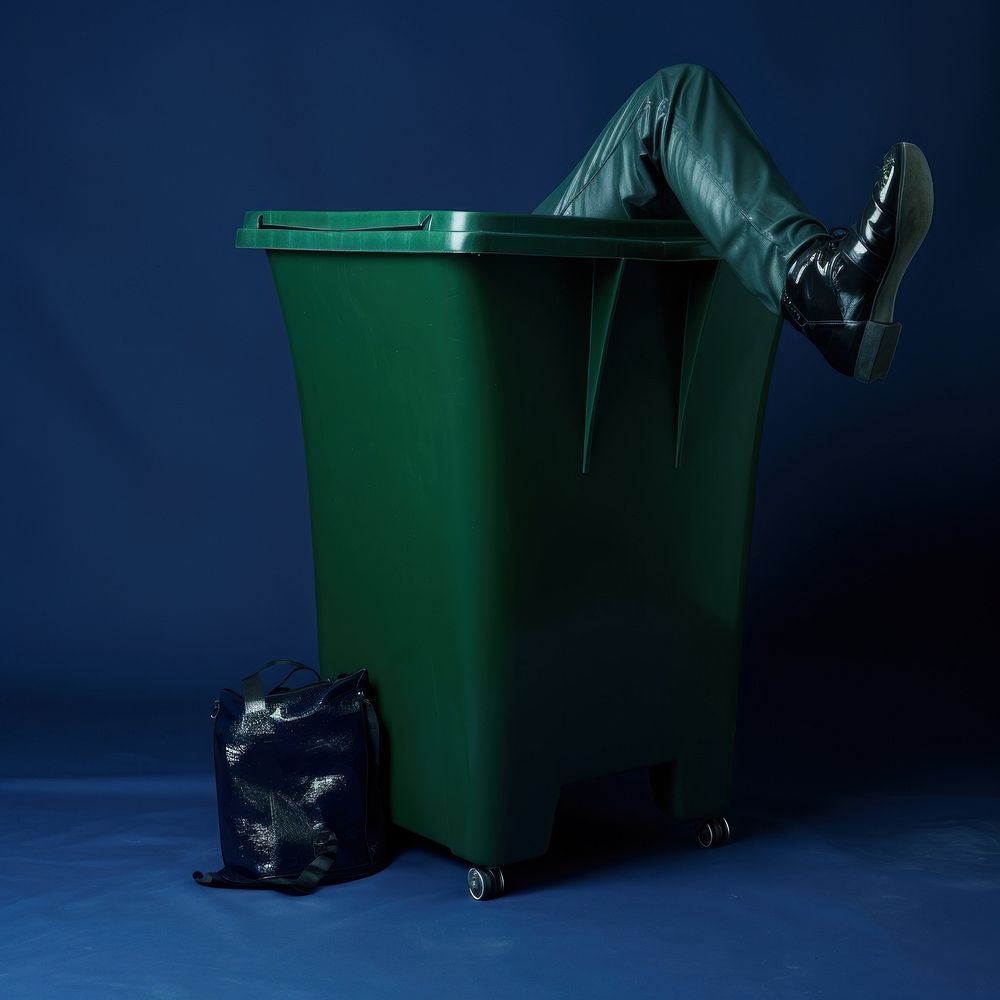 Legs lying on a trash bin green blue accessories.