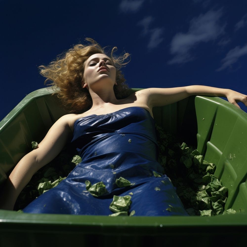 Woman lying on a recycle bin portrait outdoors adult.
