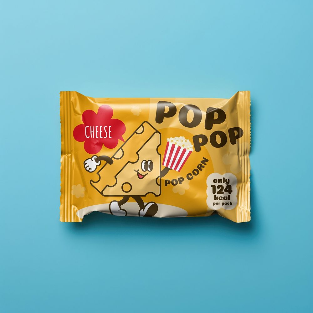 Cheese flavored popcorn snack bag