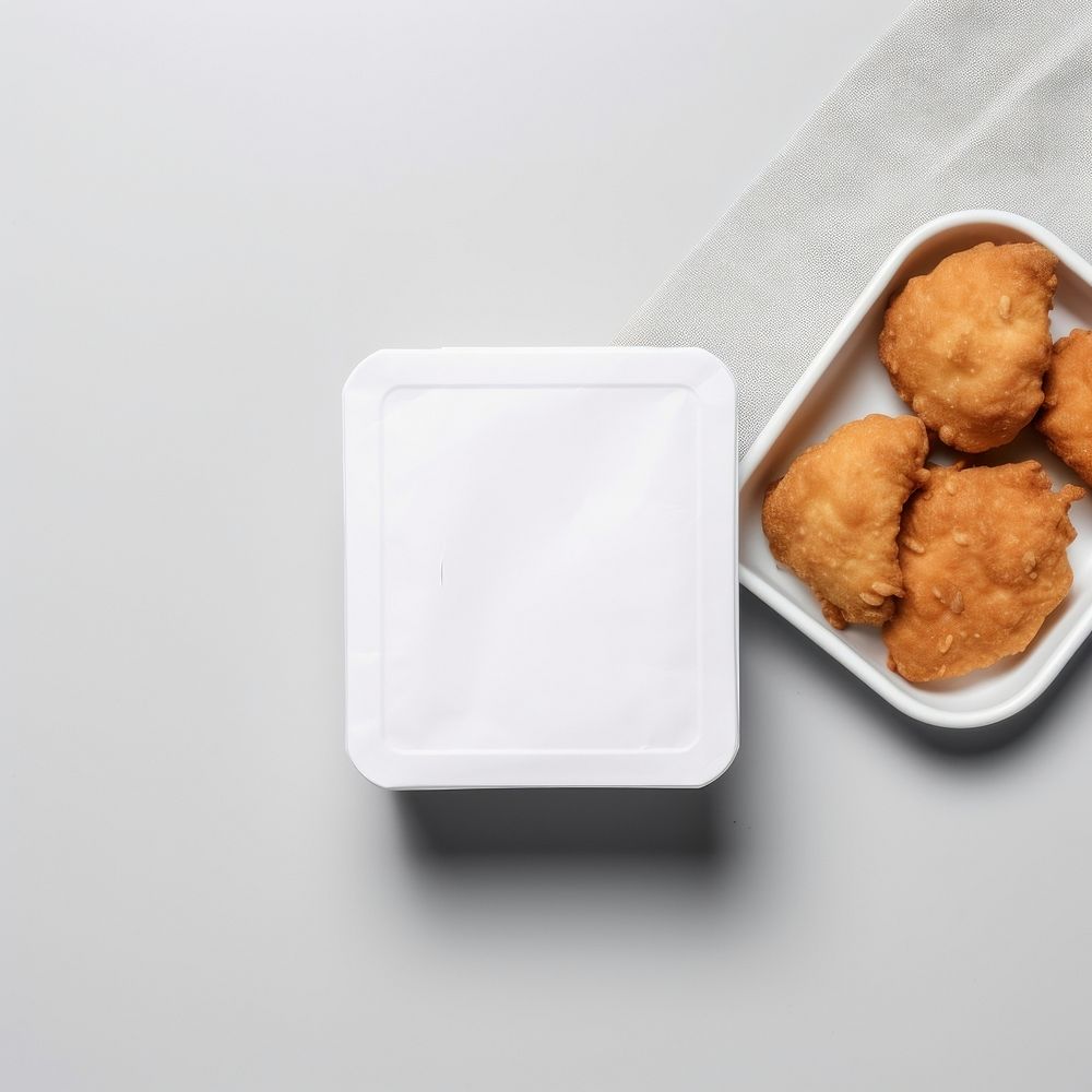 Takeaway food container box  with Crescent Breakfast Squares and blank label  packaging breakfast meal croquette.