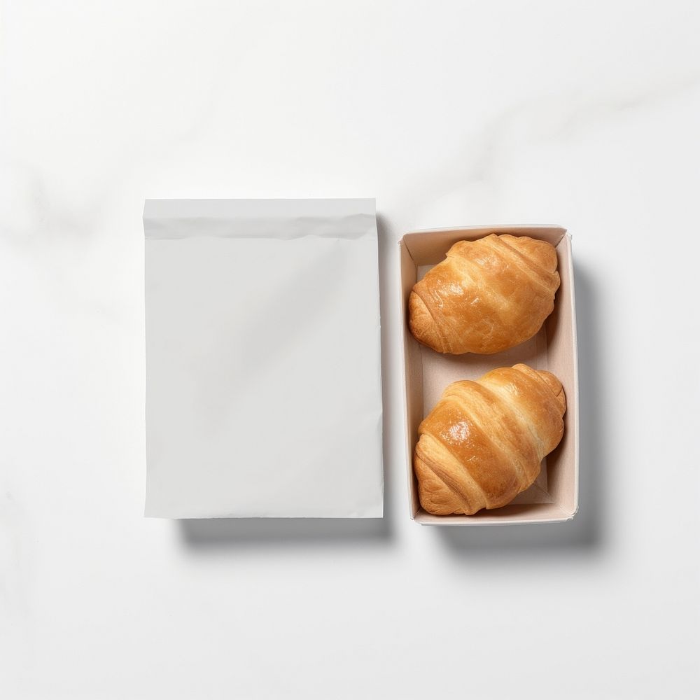 Takeaway food container box  with Crescent Breakfast Squares and blank label  packaging croissant bread simplicity.