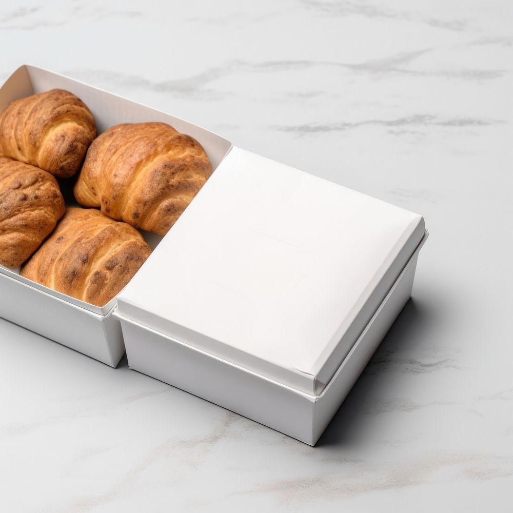 Takeaway food container box  with bakery and blank label  packaging bread croissant freshness.