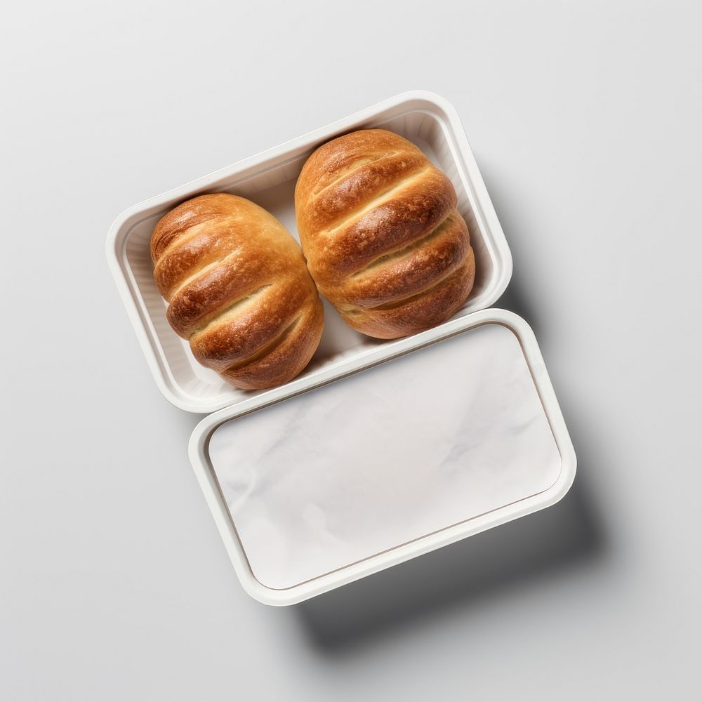 Takeaway food container box  with bakery and blank label  packaging bread breakfast freshness.
