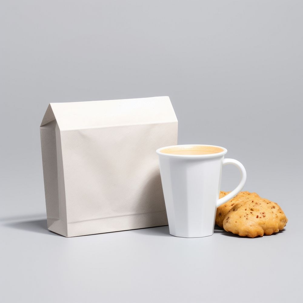 Takeaway food container box  with Crescent Breakfast Squares and blank label  packaging coffee cup mug.