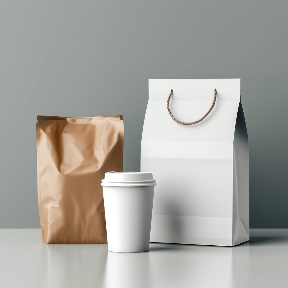 Craft paper and recycled plastic cover and blank label food delivery packages bag cup container.