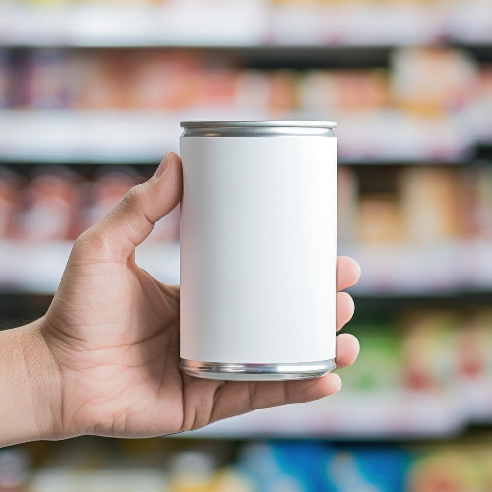 Hand holding food can with blank label  packaging supermarket shelf refreshment.