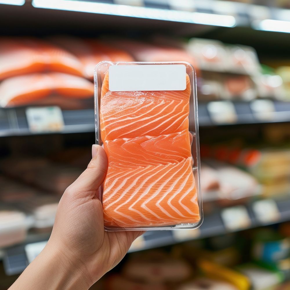 Hand holding salmon package with blank label  packaging supermarket seafood freshness.