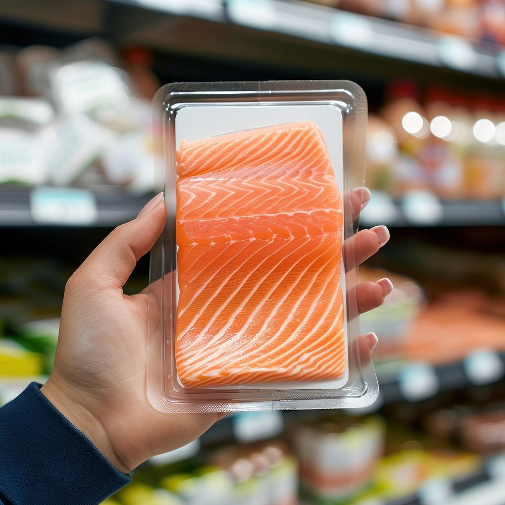 Hand holding salmon package with blank label  packaging seafood market freshness.