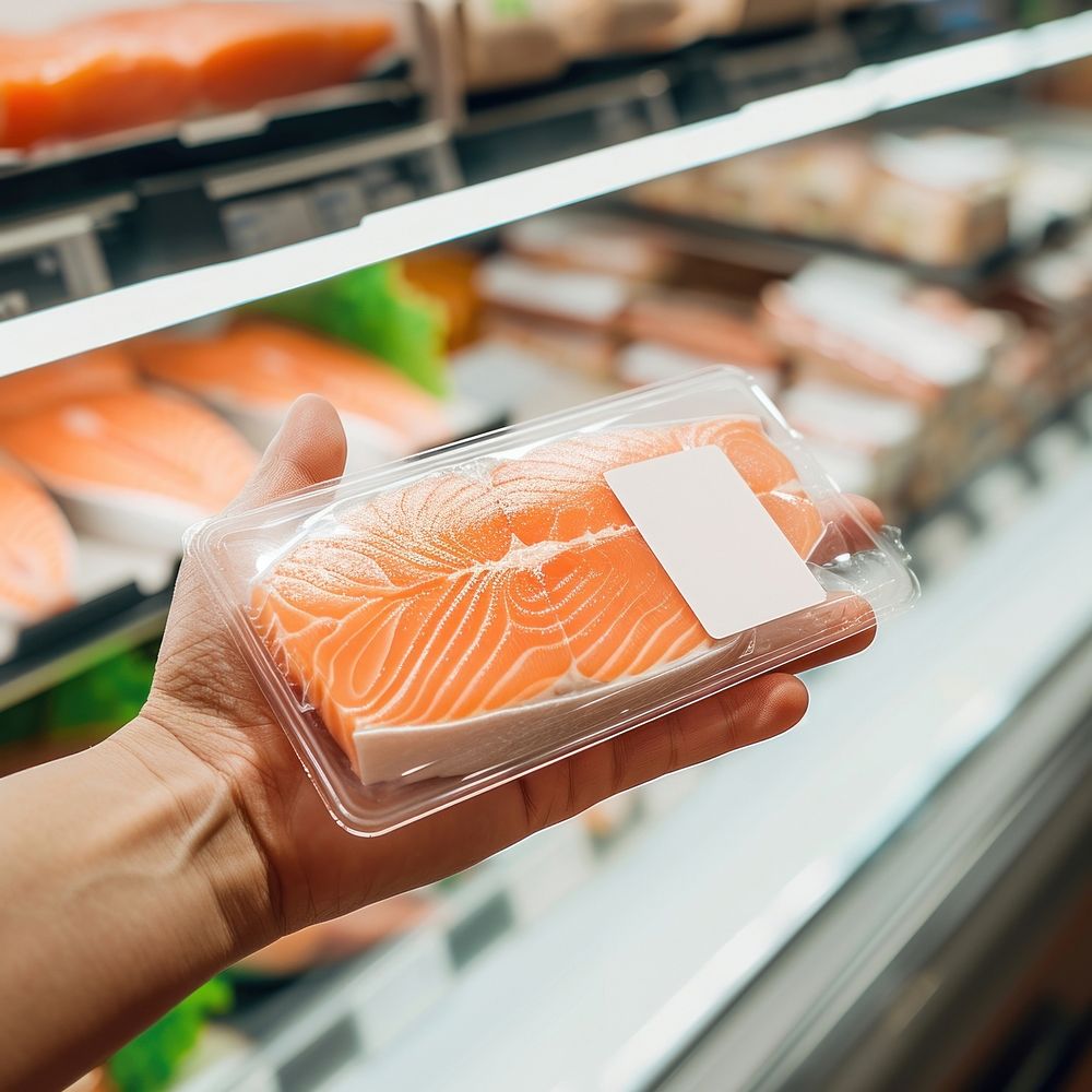 Hand holding salmon plastic package with blank label  packaging seafood market medication.
