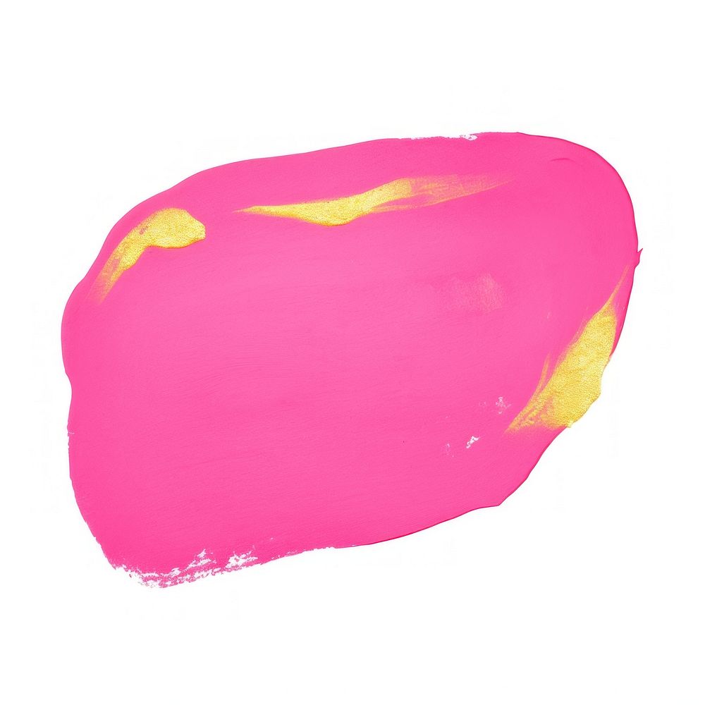 Neon pink abstract shape top gold glitter paint petal white background.